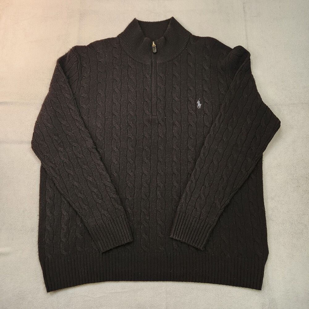 Polo Ralph Lauren‎ Sweater Men's 2XB Black Cable Knit Wool Cashmere 1/4 Zip